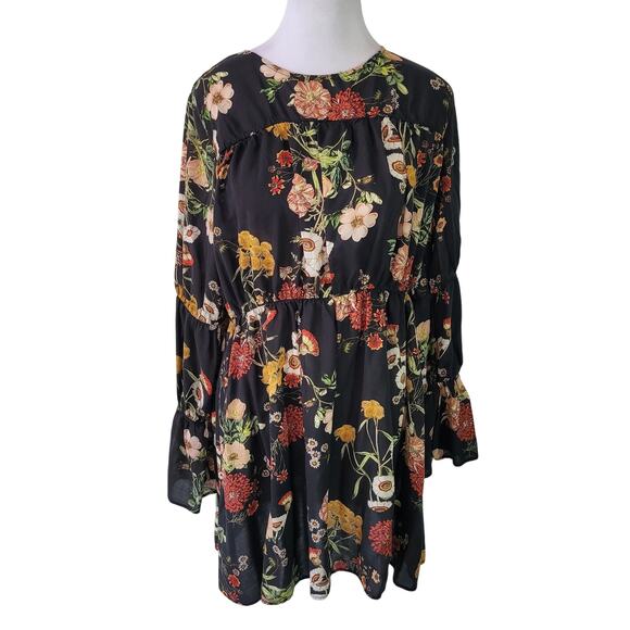 H&M Size 8 Dark Floral Print Long Bell Sleeve Flared Skirt Mini Dress Sheath - Picture 1 of 11